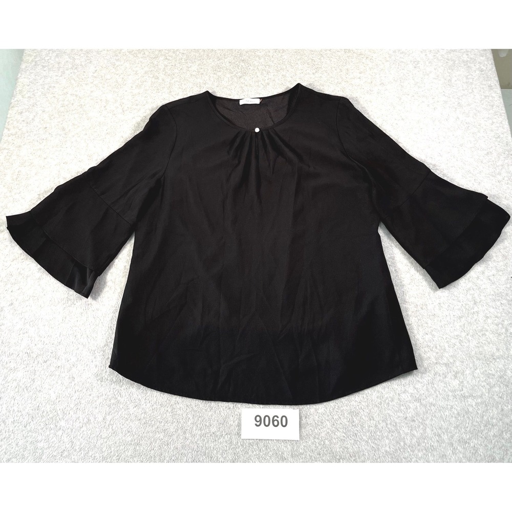Calvin Klein Blouse Top Womens 2XL Black Stretch Round Neck Ruffle Bell Sleeve